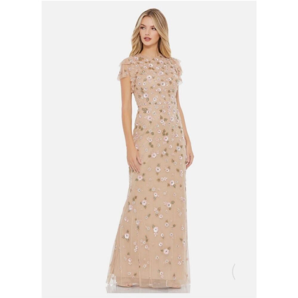 Mac Duggal 9086 Embellished High Neck Flutter Sleeve Gown Size 10 Nude Pink